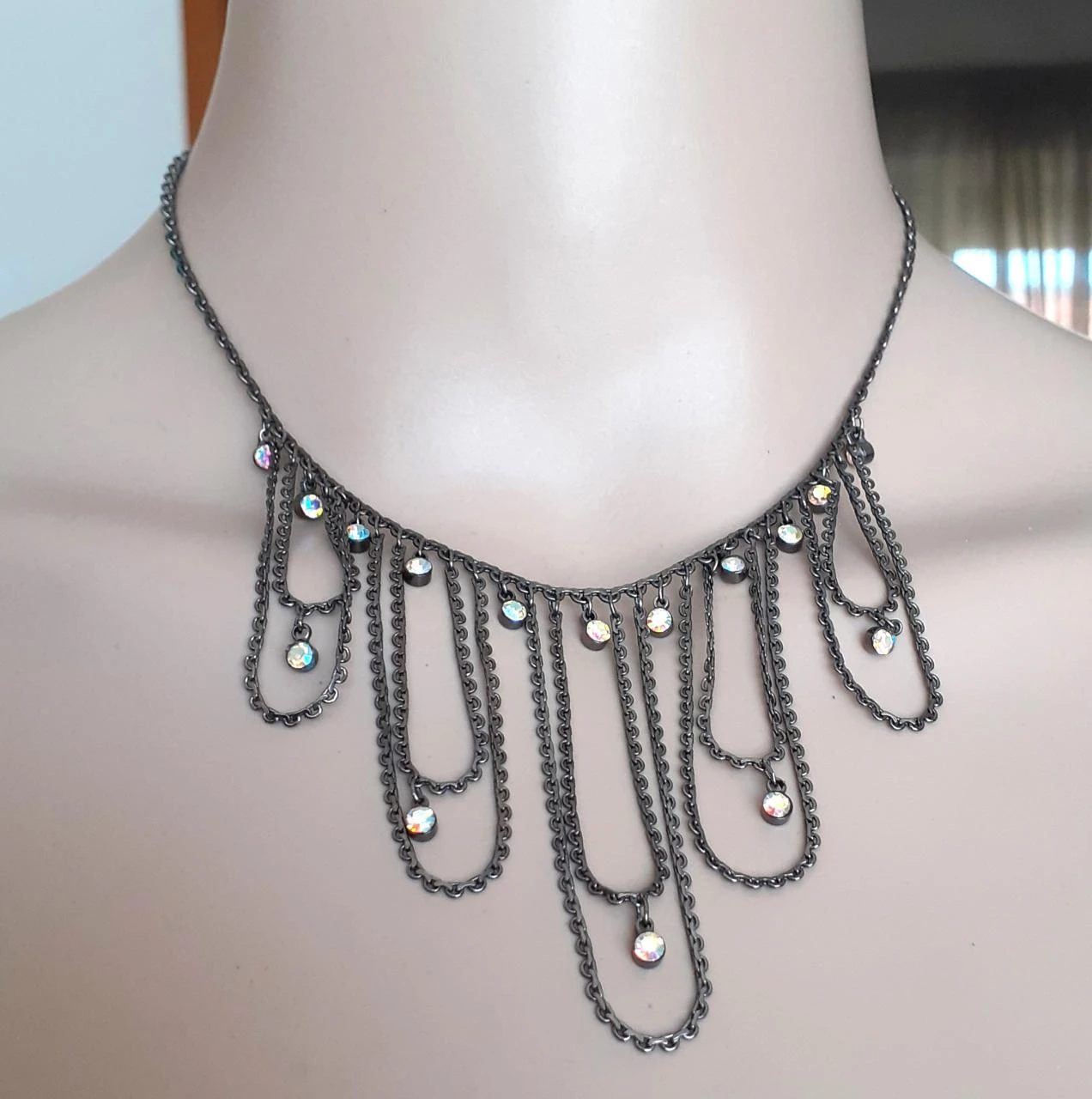 Gunmetal black necklace with AB rhinestones and draping – photo 7